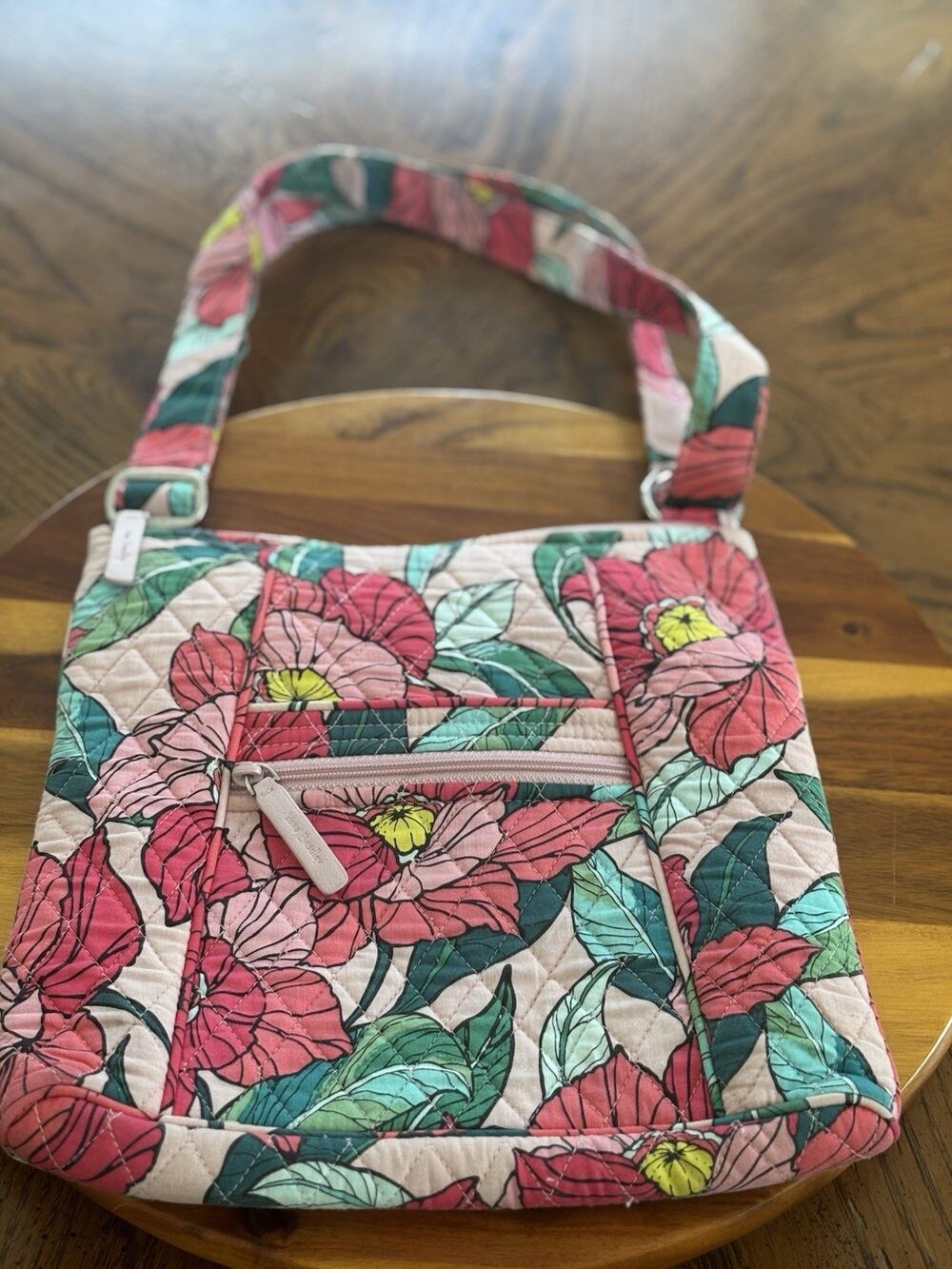 Vera Bradley Quilted Floral Shoulder Bag Pink Hibiscus Crossbody Zip Pockets